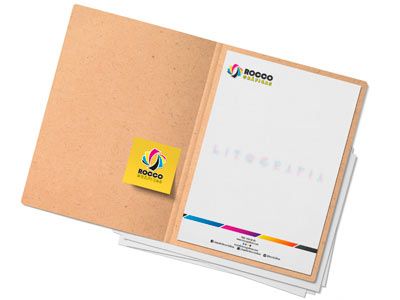 Letterhead sheets with company logo and details, printed at Rocco Gráficas in Medellín