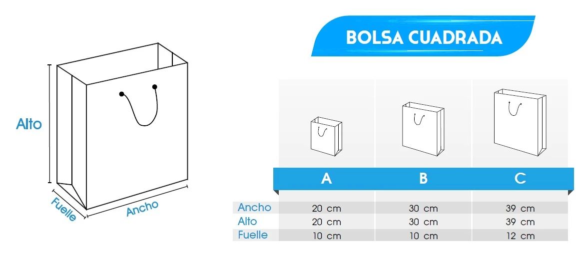 Square paper bag size chart: width, height and gusset in centimeters · Rocco Gráficas Medellín