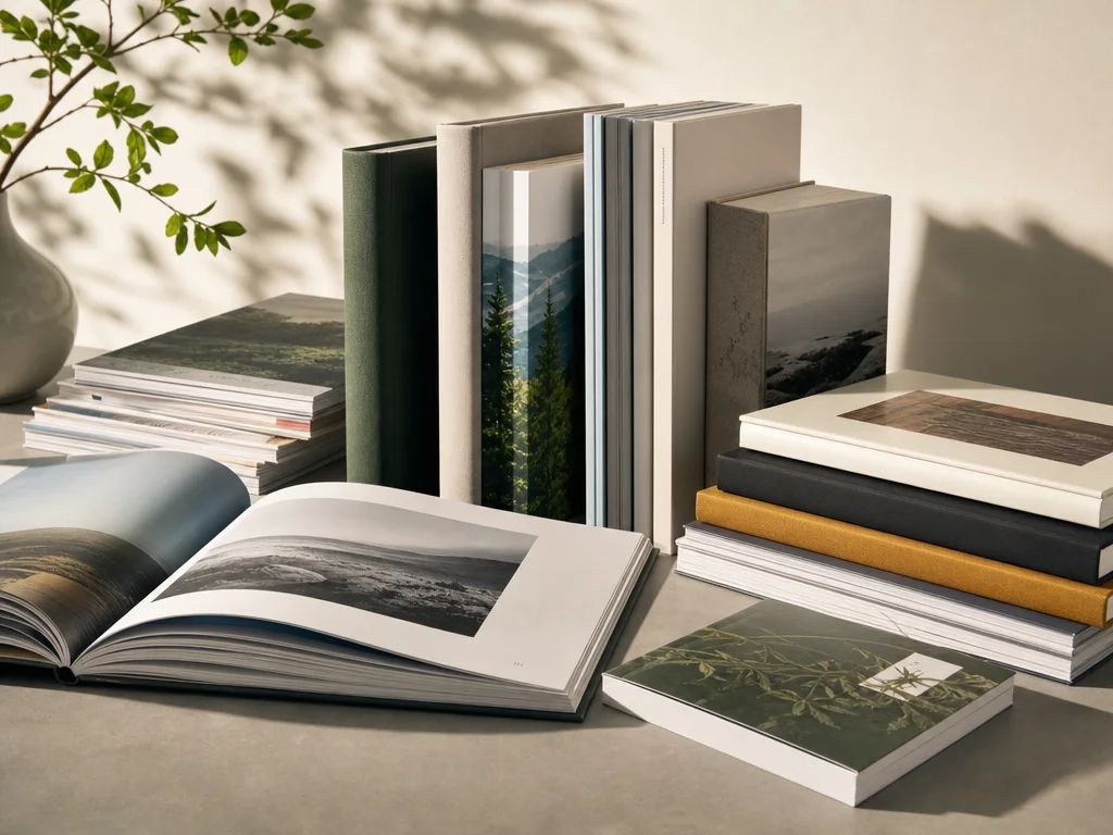 Libros de tapa dura y rústica, revistas y un libro abierto mostrando sus páginas interiores, sobre una mesa con luz natural: la línea editorial de Rocco Gráficas en Medellín