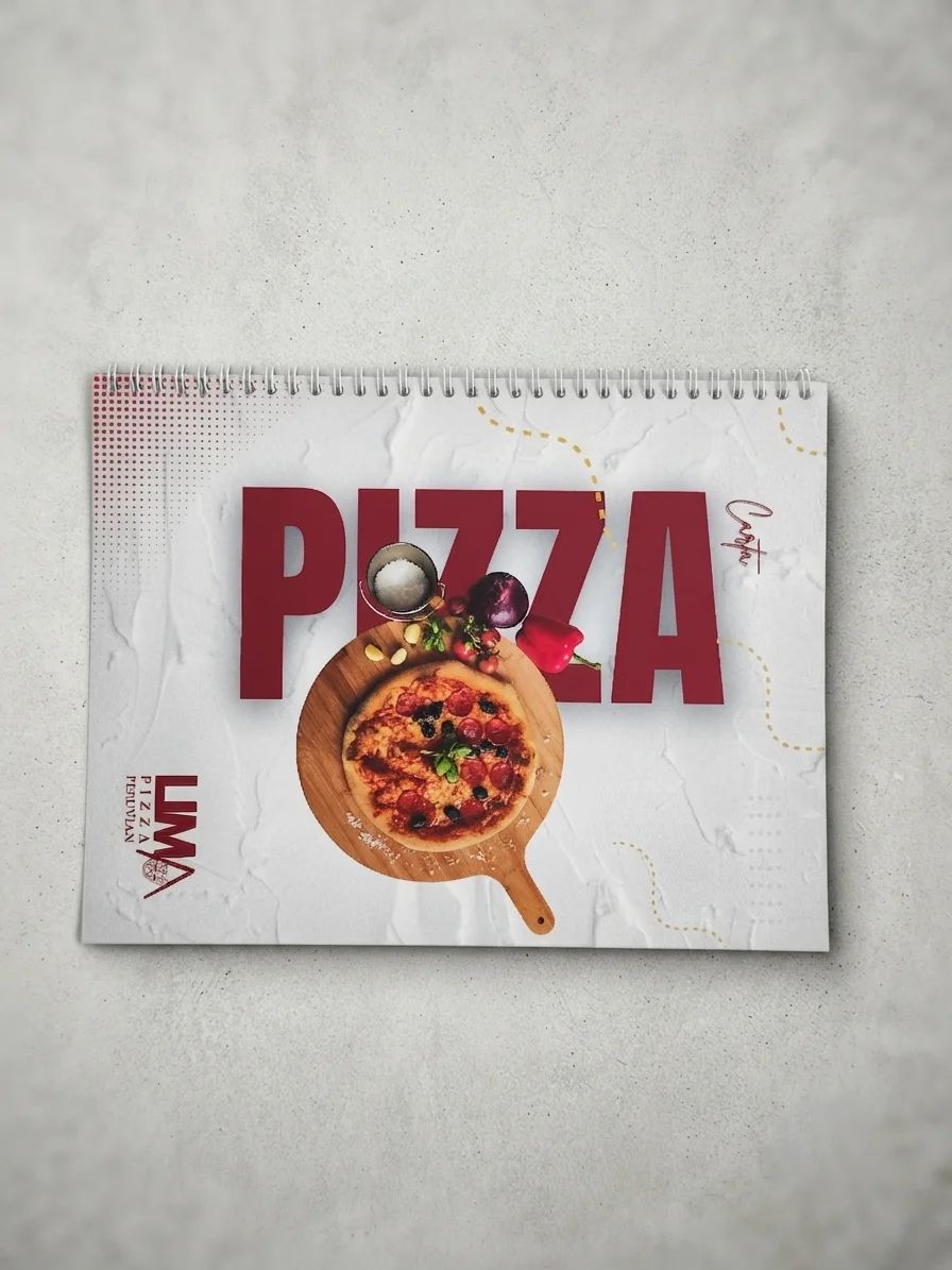 Spiral-bound pizzeria menu printed by Rocco Gráficas · Medellín